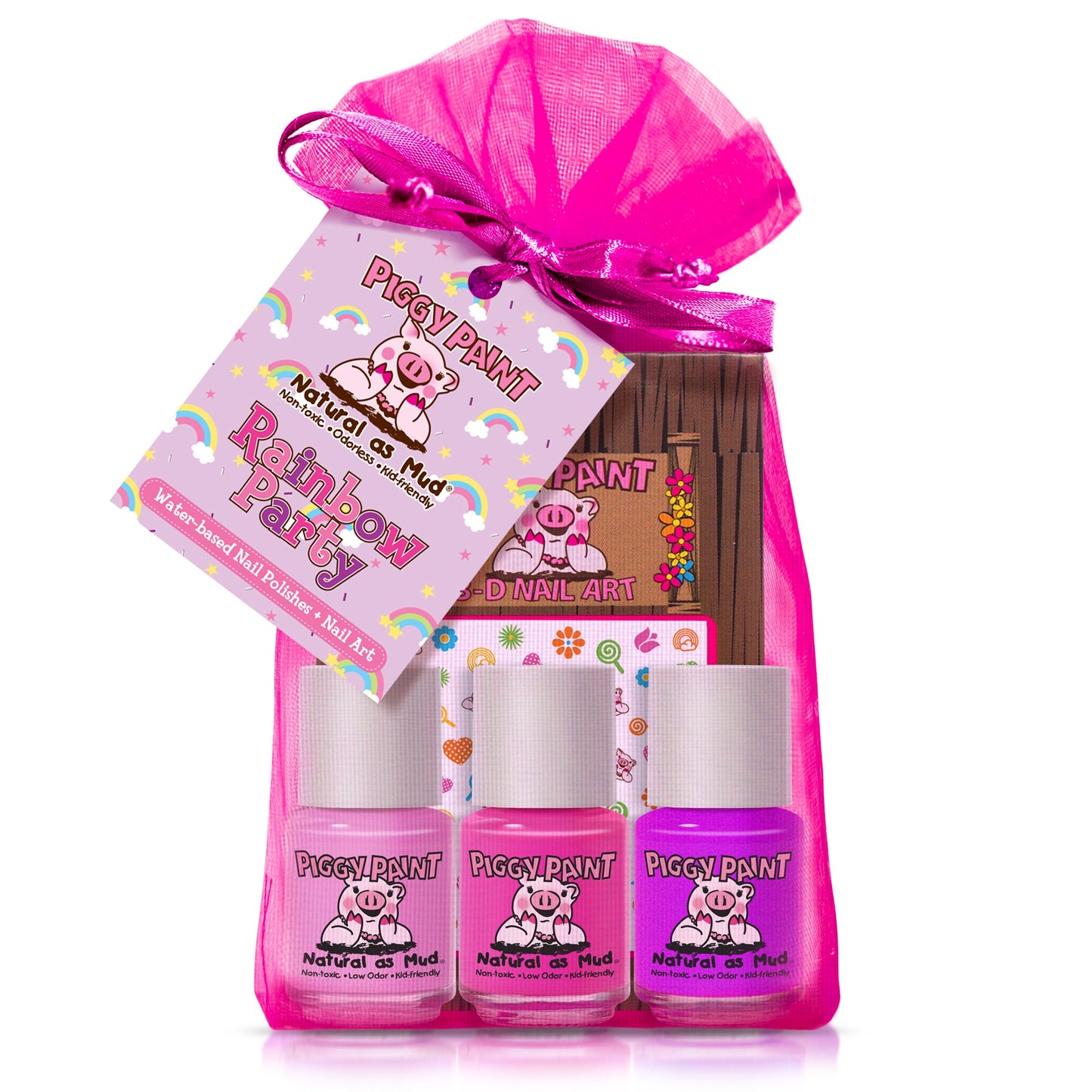 Piggy Paint Rainbow Party Gift Set with three non-toxic nail polishes and nail art accessories