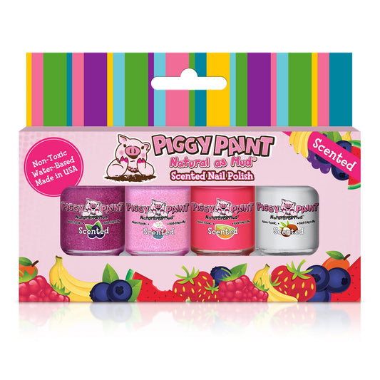 Piggy Paint scented kids nail polish set with four colorful shades in a eco-friendly packaging