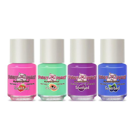 Piggy Paint scented nail polish set featuring four vibrant colors in pink, green, purple, and blue