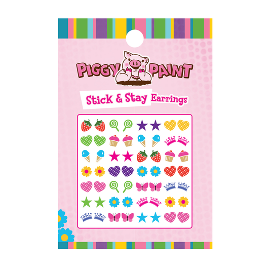 Piggy Paint stick on earrings featuring colorful designs like hearts, stars, and cupcakes for kids