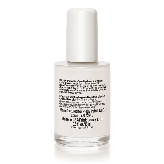 Piggy Paint topcoat in a clear bottle for a smooth, protective finish on nails