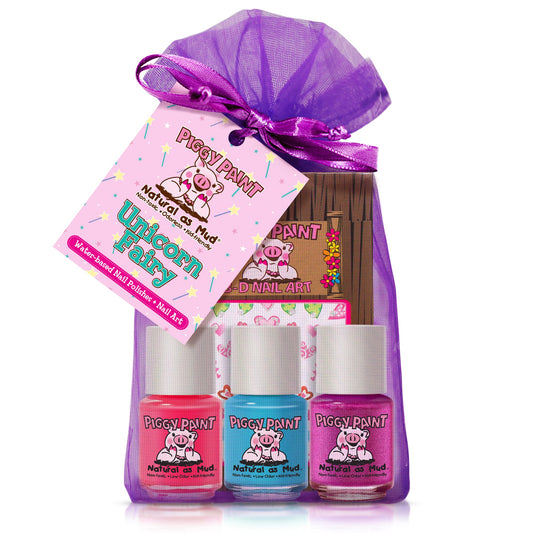 Piggy Paint Unicorn Fairy Gift Set featuring three vibrant nail polish bottles and nail art accessories