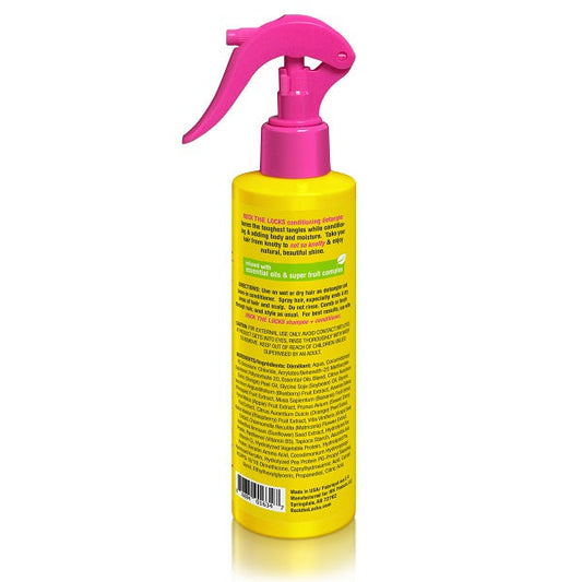 Rock The Locks Pineapple Banana Hair Detangler Spray in yellow bottle with pink sprayer for easy hair detangling