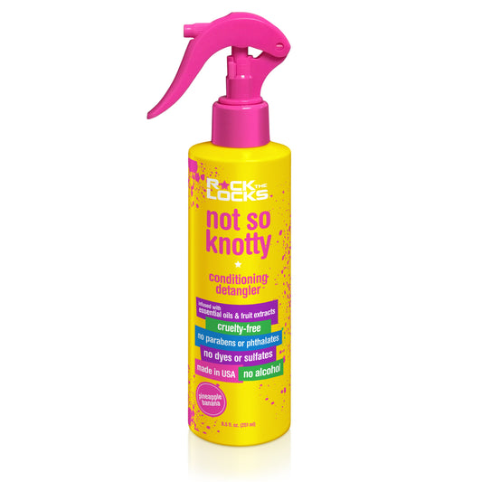 Rock The Locks Pineapple Banana Hair Detangler Spray in bright bottle for easy conditioning and knot removal