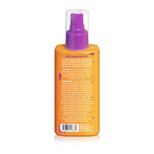 Curl boosting spray for kids in an orange bottle with a purple cap for enhancing natural curls