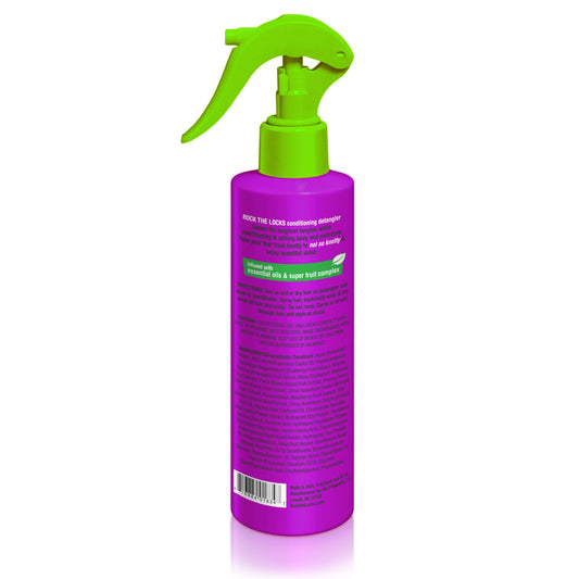 Rock The Locks funky fruit detangler in a vibrant pink bottle with green spray nozzle for easy use