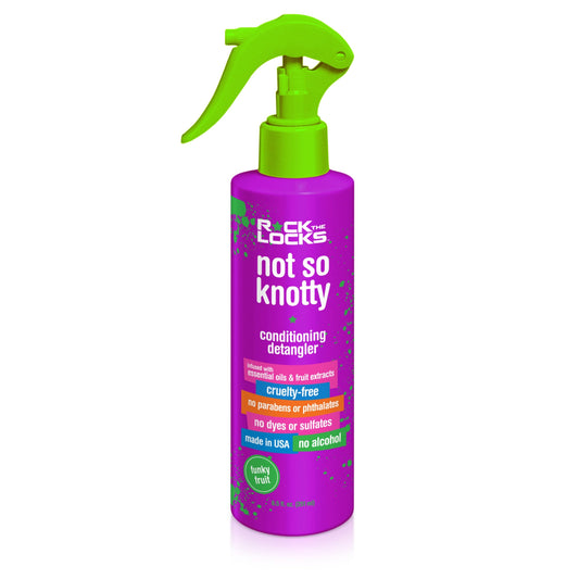 Rock The Locks funky fruit detangler in a vibrant spray bottle for easy hair detangling