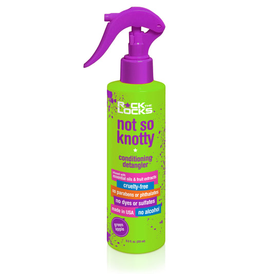 Rock The Locks Green Apple Detangler in a vibrant spray bottle for easy hair styling and conditioning