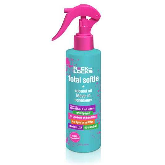 Rock The Locks Total Softie coconut oil leave-in conditioner in a spray bottle with fruity extracts