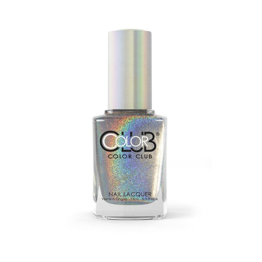 A bottle of Color Club Holographic Nail Lacquer with a silver label and cap showcases a vivid rainbow effect inside, set against a white background.