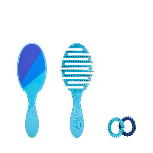 Wet Brush Color Me Happy Kit featuring two blue hair brushes and matching hair ties