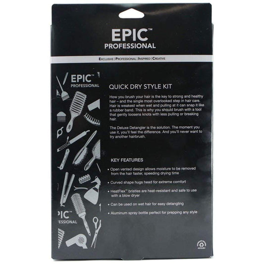 Wet Brush Epic Quick Dry Styling Kit packaging featuring professional hair styling tools and key features