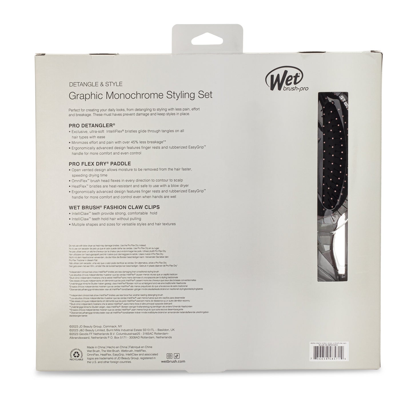 Wet Brush Graphic Monochrome Kit includes a Pro Detangler and Flex Dry Paddle for easy styling