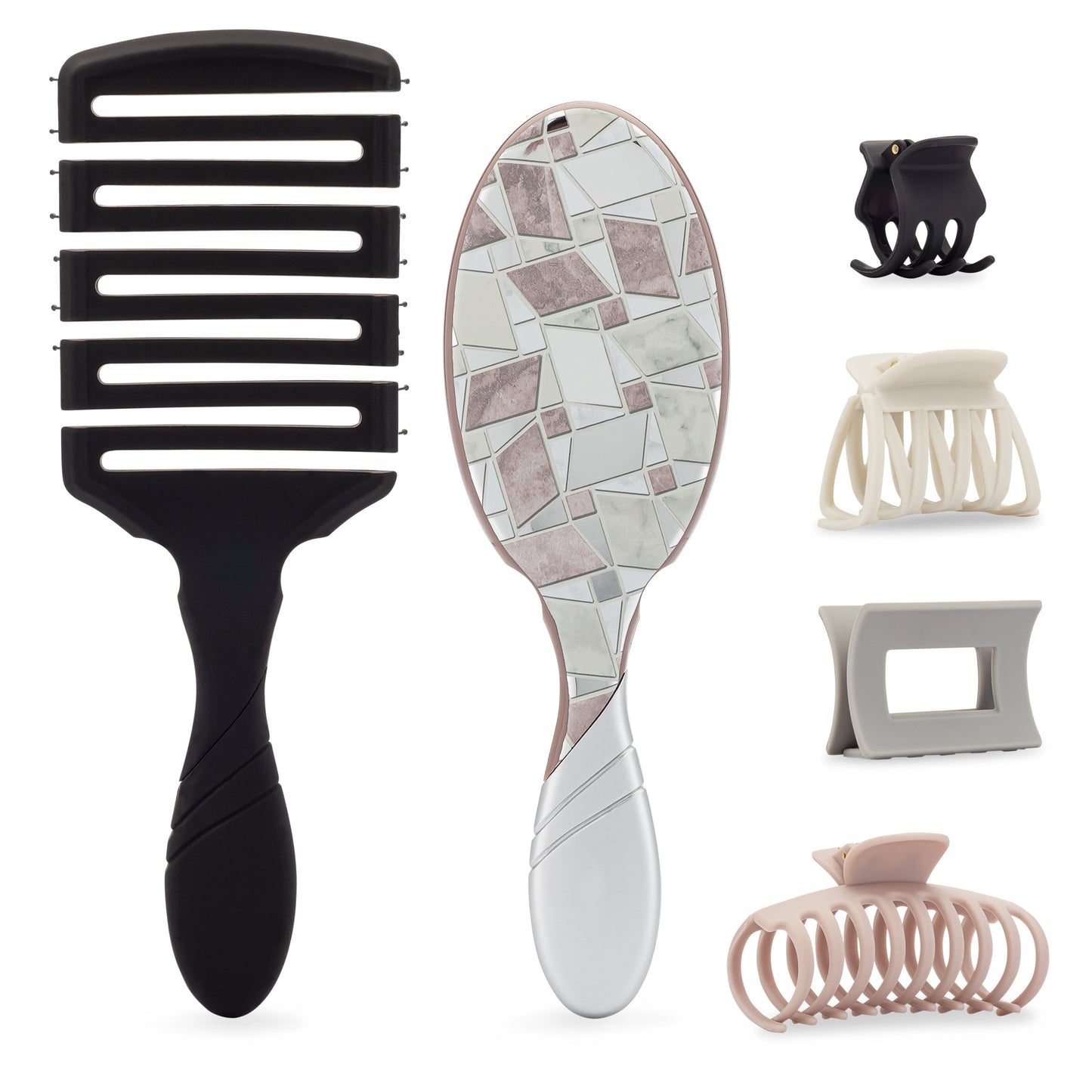 Wet Brush Graphic Monochrome Kit featuring a detangler brush and hair clips in stylish designs