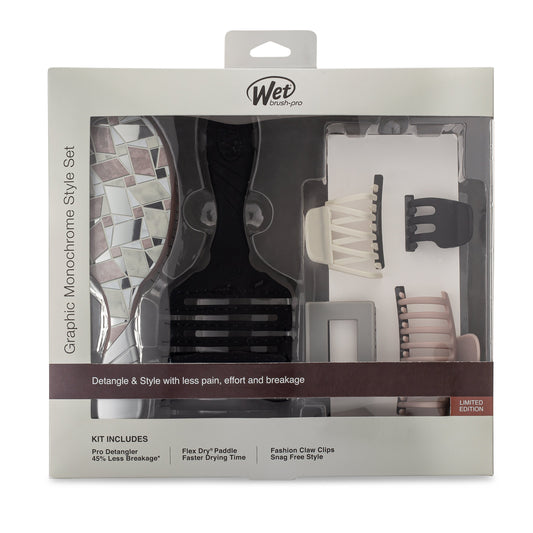 Wet Brush Graphic Monochrome Kit with Pro Detangler and Fashion Clips for less breakage