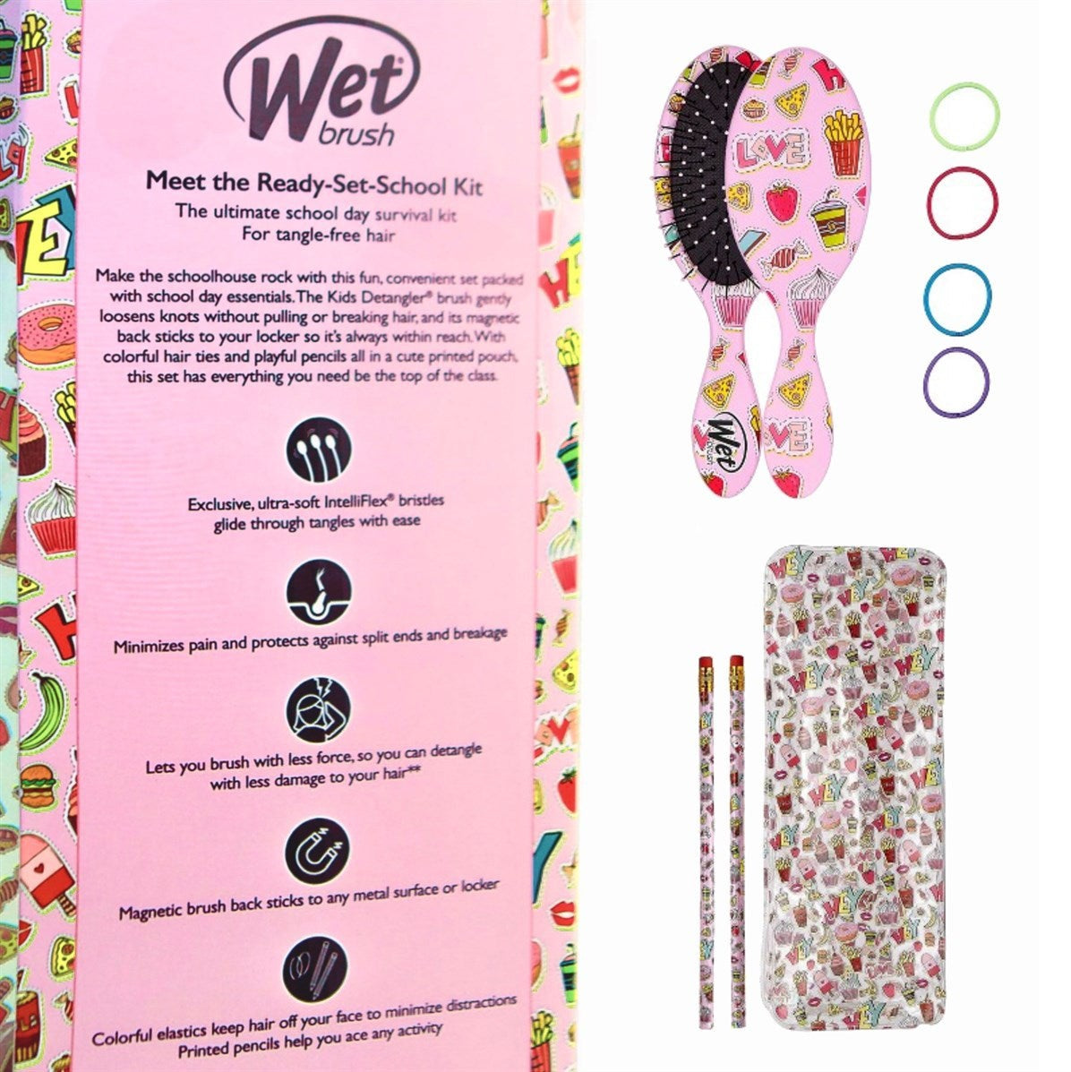 Wet Brush kids detangling brush kit with colorful design, hair ties, and accessories for easy hair management