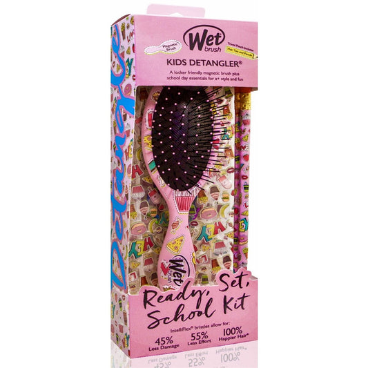 Wet Brush kids detangling brush kit in pink packaging with colorful school-themed designs