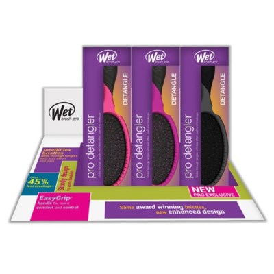 Wet Brush Pro Detangler display featuring three brushes designed for easy detangling and comfort