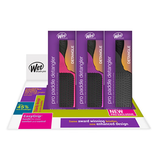 Wet Brush Pro Paddle Detangler display featuring multiple brushes for easy detangling and styling