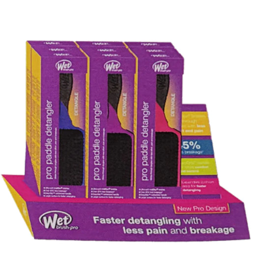 Wet Brush Pro Paddle Detangler display showcasing multiple brushes for faster detangling with less pain