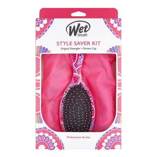 Wet Brush Style Saver Kit featuring an Original Detangler Brush and a stylish shower cap