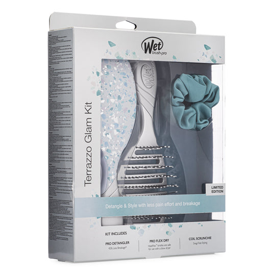 Wet Brush Terrazzo Glam Kit with pro detangler and coil scrunchie for effortless styling