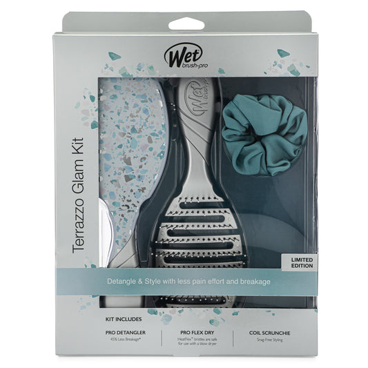 Wet Brush Terrazzo Glam Kit featuring a Pro Detangler, Pro Flex Dry Brush, and a scrunchie in stylish packaging