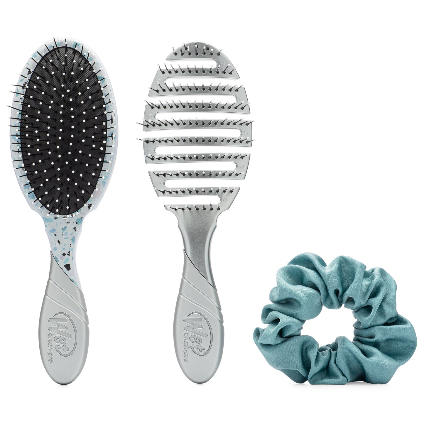 Wet Brush Terrazzo Glam Kit featuring a detangling brush and stylish scrunchie in teal