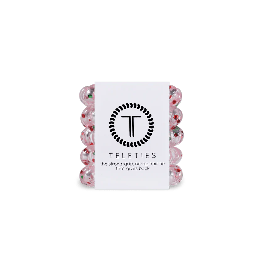 Teleties tiny hair ties in a pink design with a strong grip, no rip hair tie that gives back
