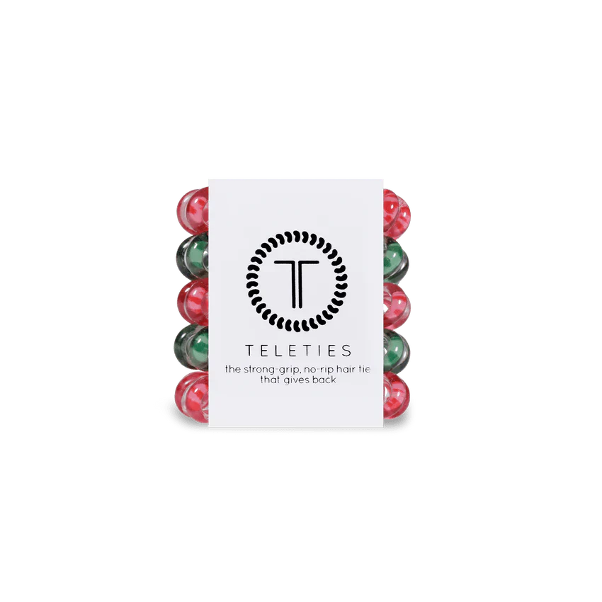 Teleties tiny hair ties in red and green colors packaged neatly for easy storage and stylish hair solutions