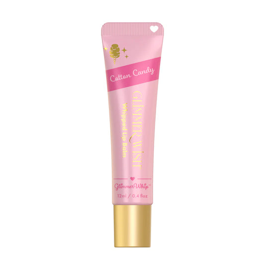 A pink 12ml Glimmer Wish Whipped Lip Balm in Cotton Candy with gold/white text, a small golden unicorn, and a gold cap. Infused with organic butters and features a heart-shaped applicator for easy use.