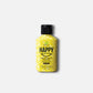 A yellow 2.25 oz bottle of Hempz Herbal Body Moisturizer from the Happy Collection, vegan and enriched with hemp seed oil, features a black flip cap, sweet pineapple & honey melon label, and subtle leaf and fruit graphics on white.