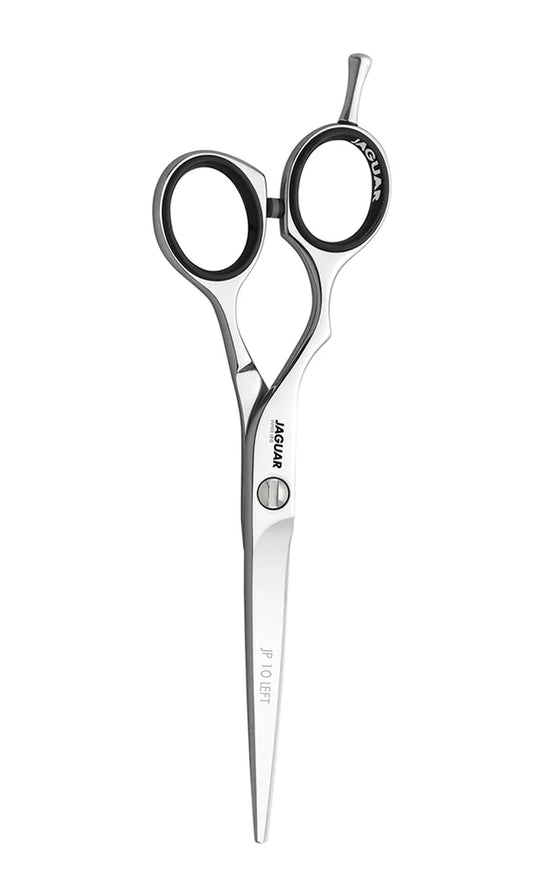 Jaguar JP10 left handed shears silver professional hair cutting scissors with black inserts and finger rest
