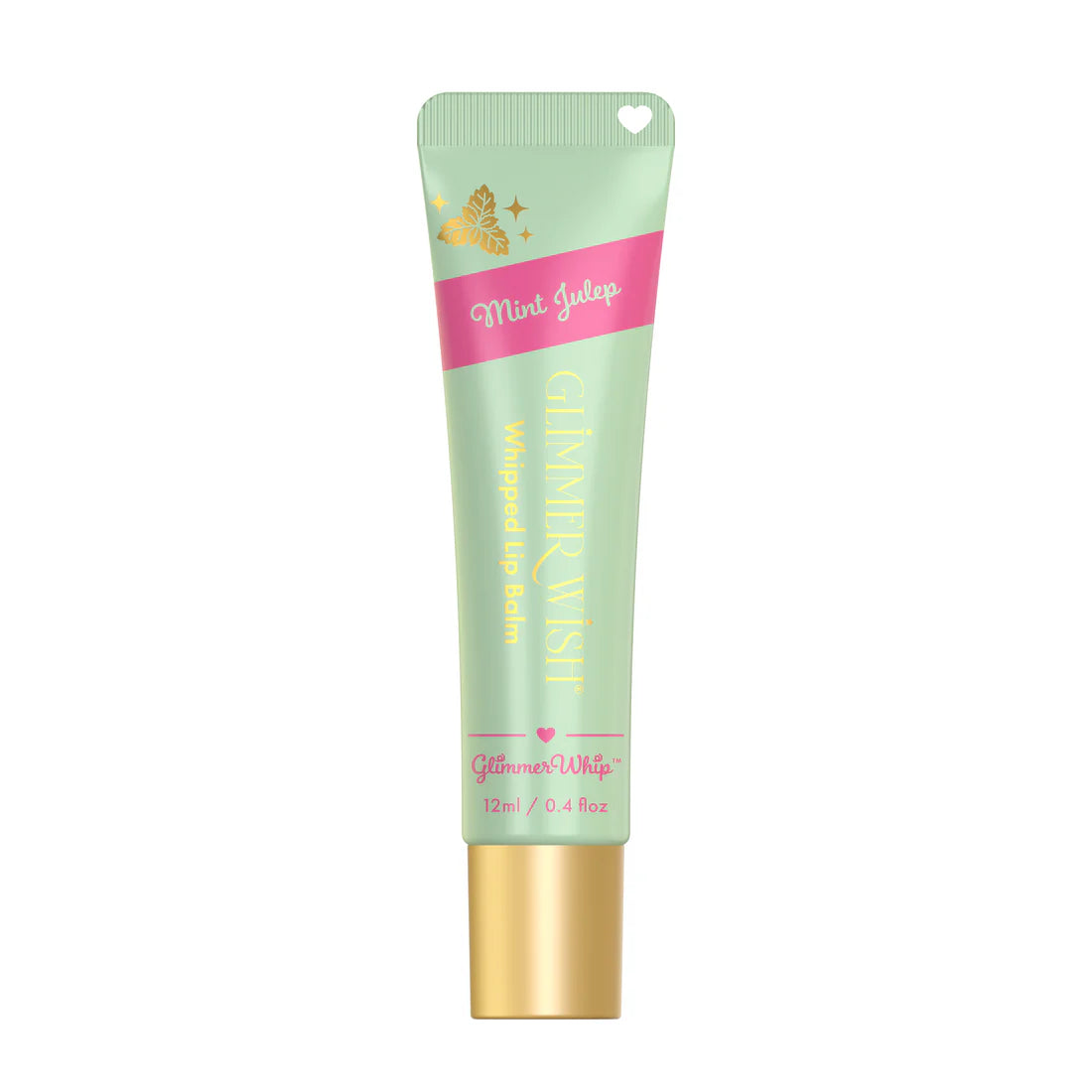 A 12 ml (0.4 fl oz) tube of Glimmer Wish Whipped Lip Balm in Mint Julep, mint green and pink with gold accents, butterfly design near the cap, and a heart-shaped applicator.