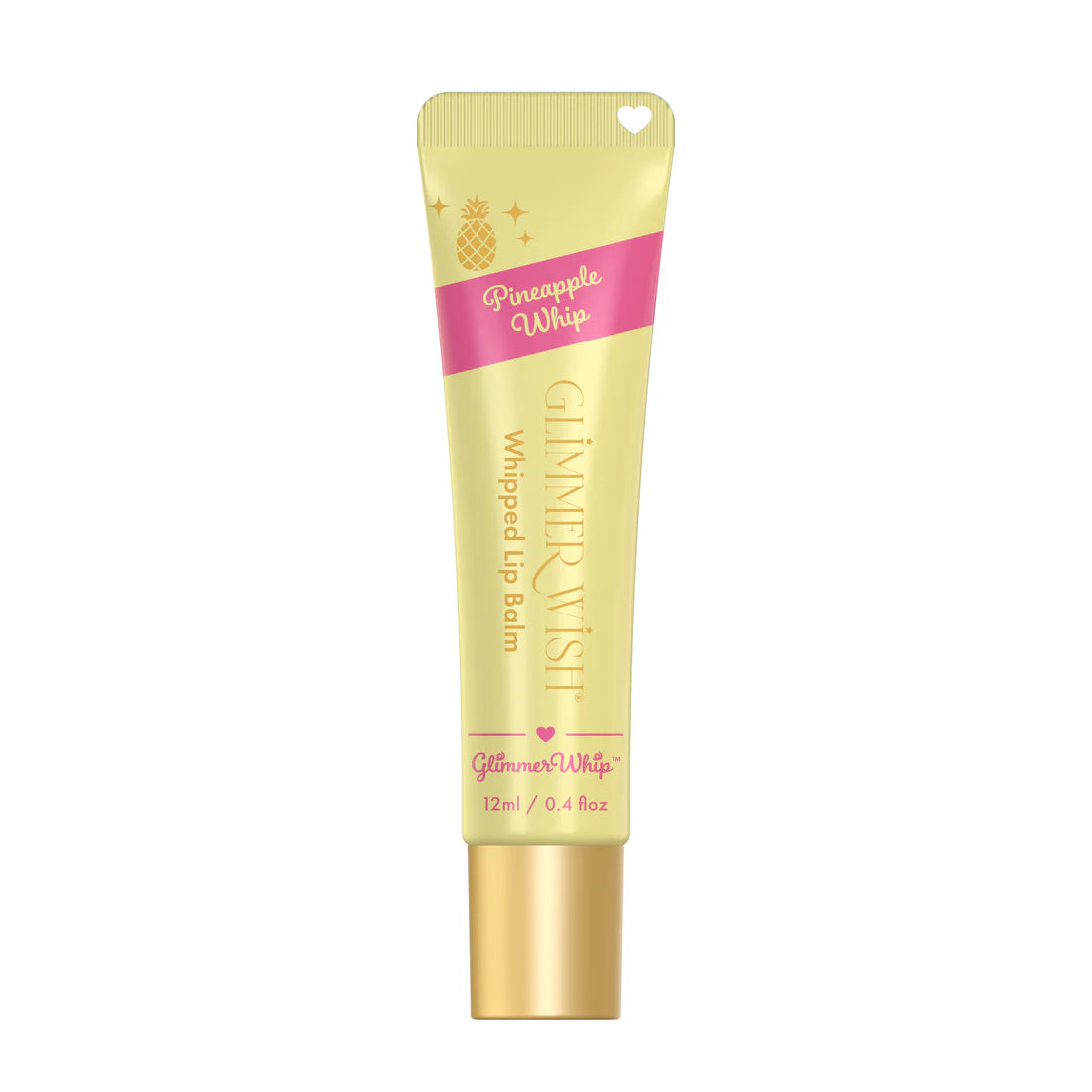 A 12ml (0.4 fl oz) yellow tube of Glimmer Wish Whipped Lip Balm in Pineapple Whip flavor, featuring a pink label with a small pineapple illustration and white heart near the cap. Made with nourishing organic butters.