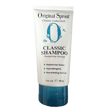 Original Sprout Classic Shampoo in a white 3 fl oz (90 ml) tube with a blue cap is pediatrician tested, hypoallergenic, and non-irritating. This gentle sulfate-free formula is ideal for sensitive skin.