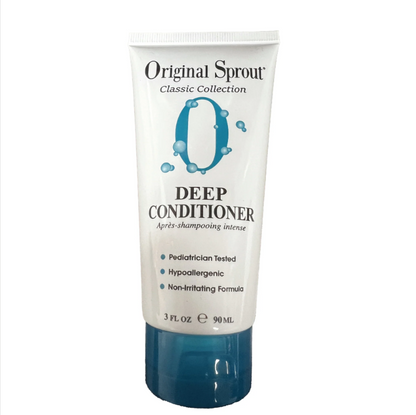 A white tube of Original Sprout Deep Conditioner, 3 fl oz (90 mL), with blue and black text, enriched with Hawaiian kukui seed oil for a vegan, pediatrician-tested, hypoallergenic hair care experience.
