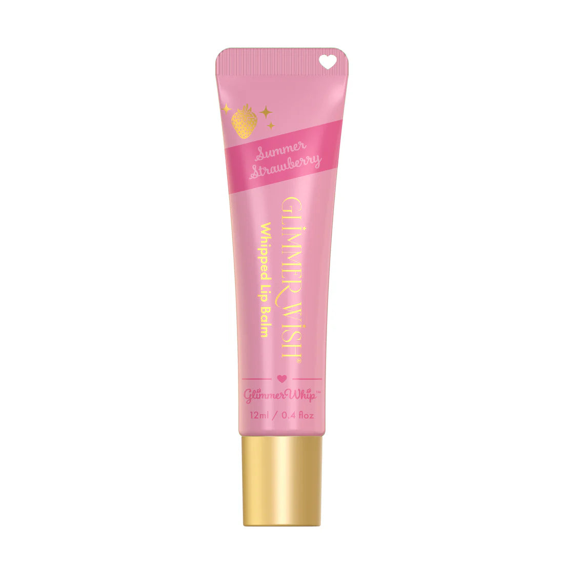 A pink 12ml tube of Glimmer Wish Whipped Lip Balm in Summer Strawberry, featuring gold and white text, strawberry and heart graphics, a heart-shaped applicator, and a gold cap.