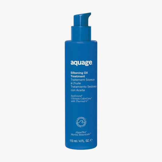 Aquage Silkening Oil Treatment in blue bottle for enhancing shine and nourishing hair, hair oil for growing hair