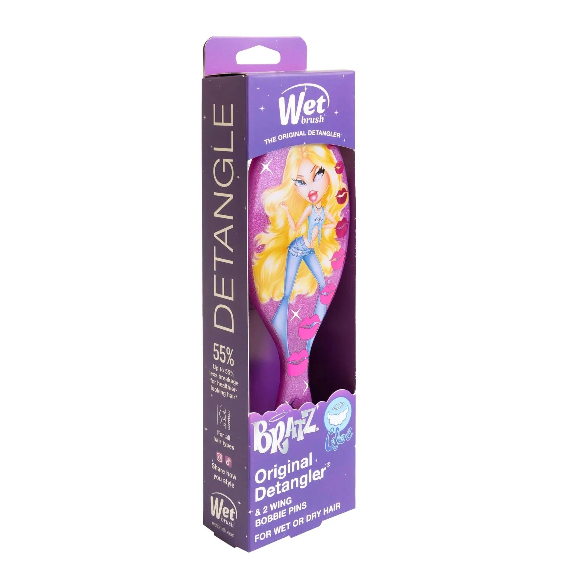 Wet Brush Original Detangler for wet or dry hair in colorful packaging featuring Bratz dolls