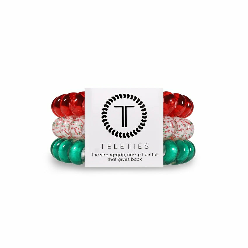 Teleties Christmas hair ties in red, green, and white with no-rip grip for festive hairstyles