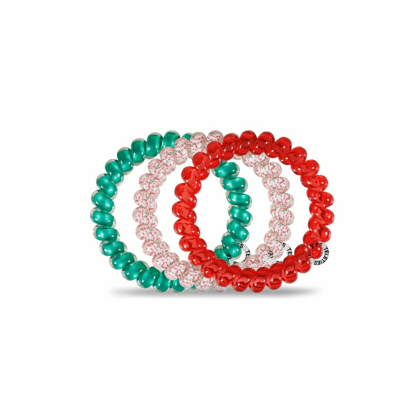 Teleties Christmas hair ties set in red, green, and clear with festive sparkle for holiday styling