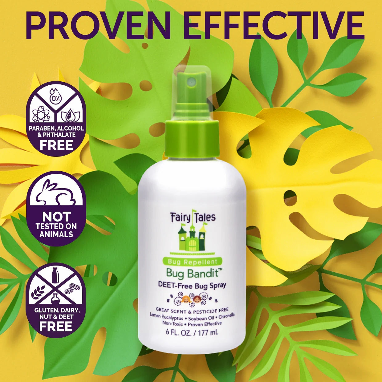 Fairy Tales Bug Bandit spray bottle on tropical leaf background DEET free bug spray for kids