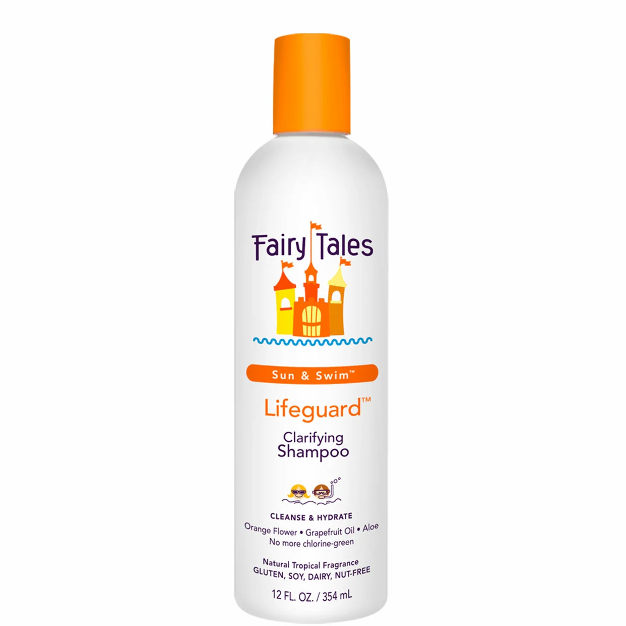 Fairy Tales Lifeguard Sun and Swim kids clarifying shampoo bottle with orange cap 12 fl oz