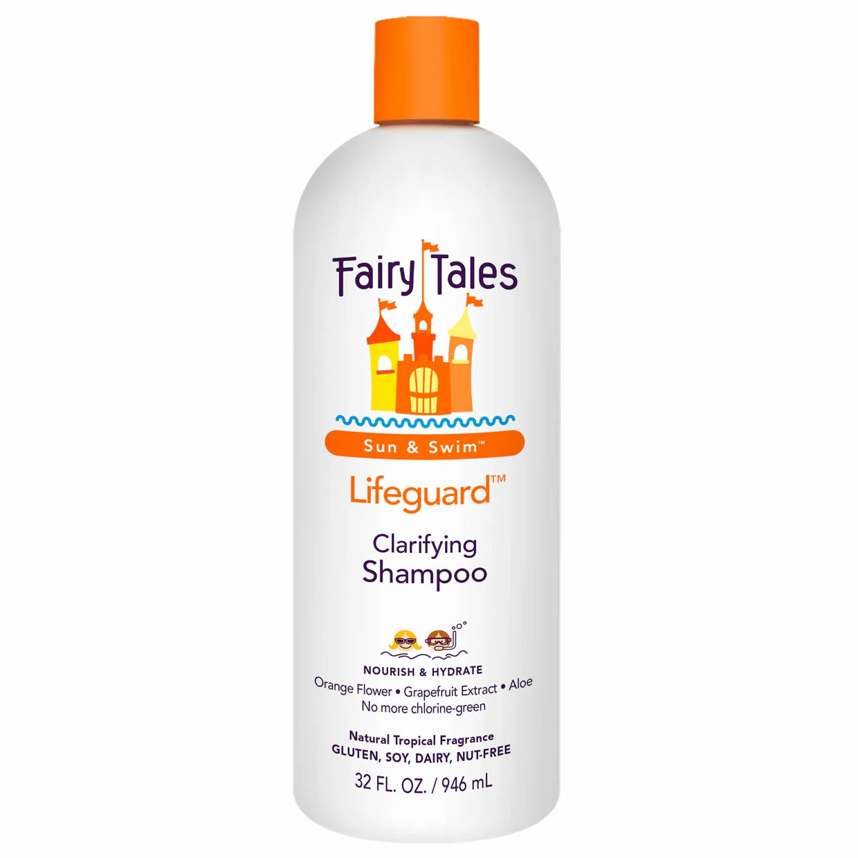 Fairy Tales Lifeguard kids clarifying shampoo Sun and Swim 32 fl oz white bottle with orange cap