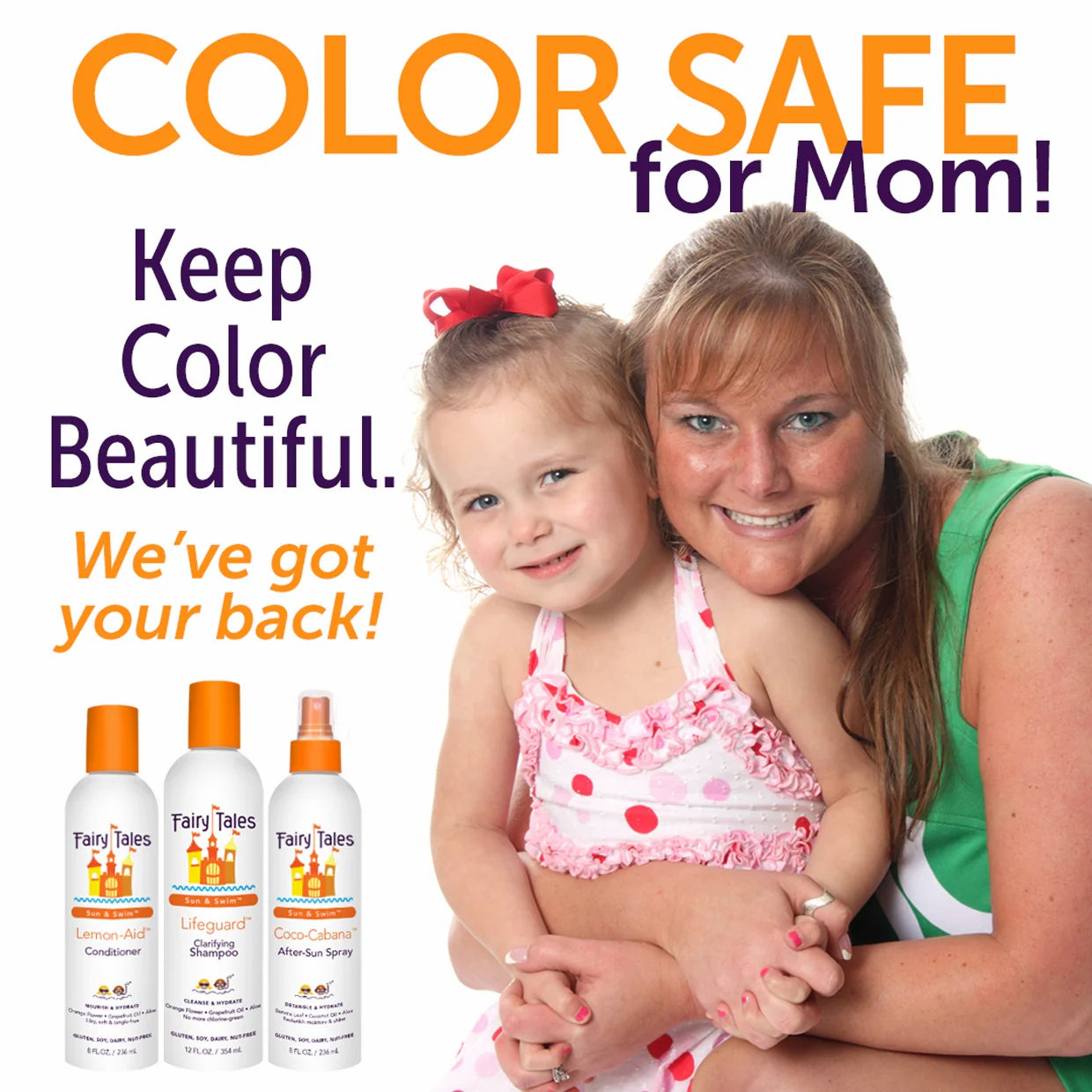 Fairy Tales kids clarifying shampoo ad with smiling mother and daughter and three product bottles