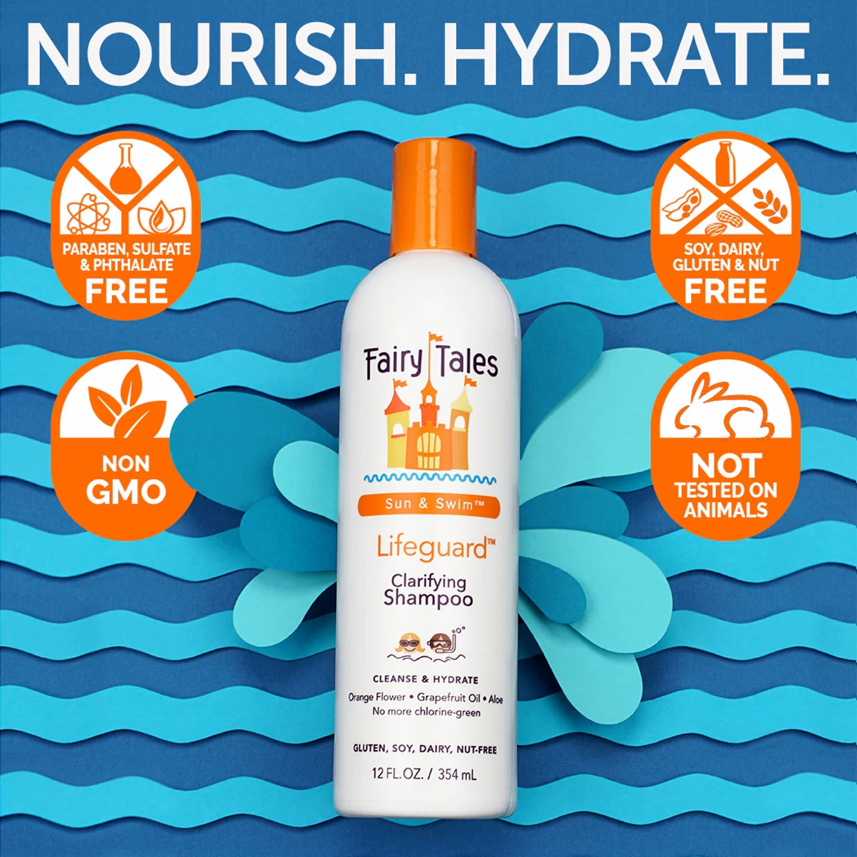 Fairy Tales Lifeguard Sun and Swim kids clarifying shampoo bottle for removing chlorine and nourishing hair