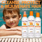 Fairy Tales kids clarifying shampoo bottle with after sun spray and conditioner by smiling child at pool