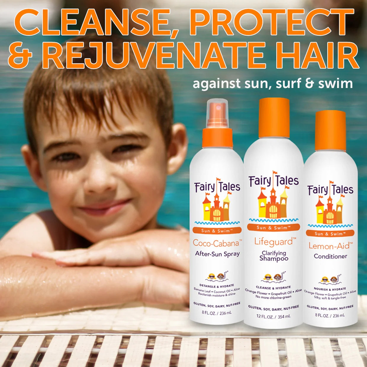 Fairy Tales kids clarifying shampoo bottle with after sun spray and conditioner by smiling child at pool