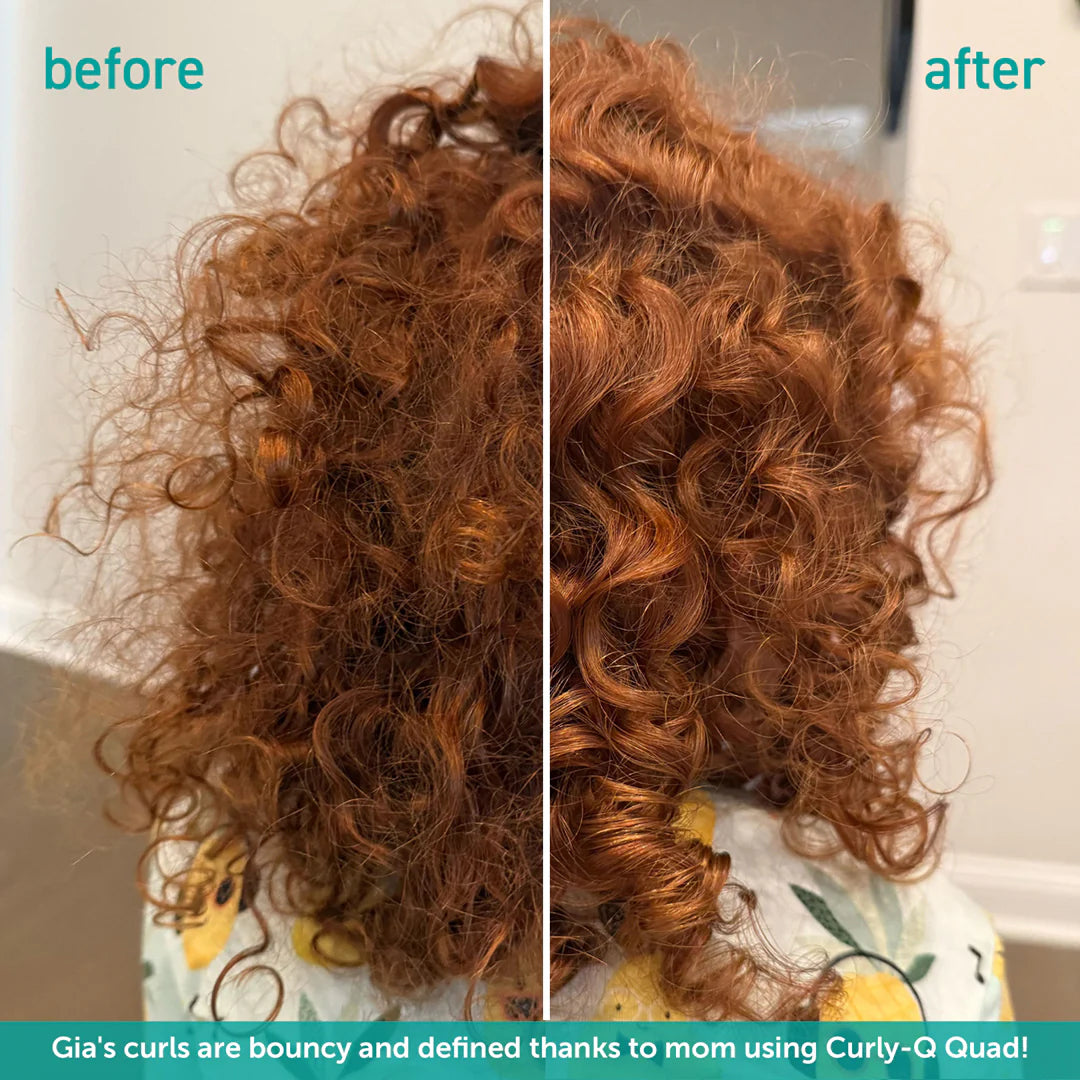 Before and after using kids curl cream showing defined and bouncy curls on a child's hair
